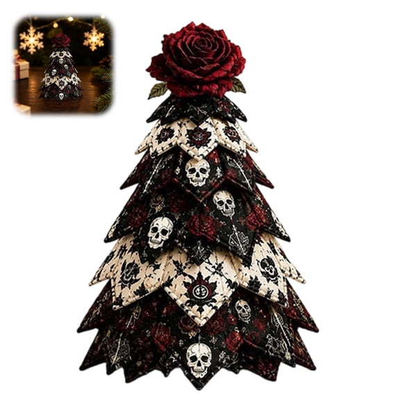 DIY Halloween Fabric Tree with Red Rose Topper, Tiered Skull & Spider Web Pattern Patchwork Tabletop Decor, Gothic Holiday Centerpiece for Home, Rose Style, 1 Count
