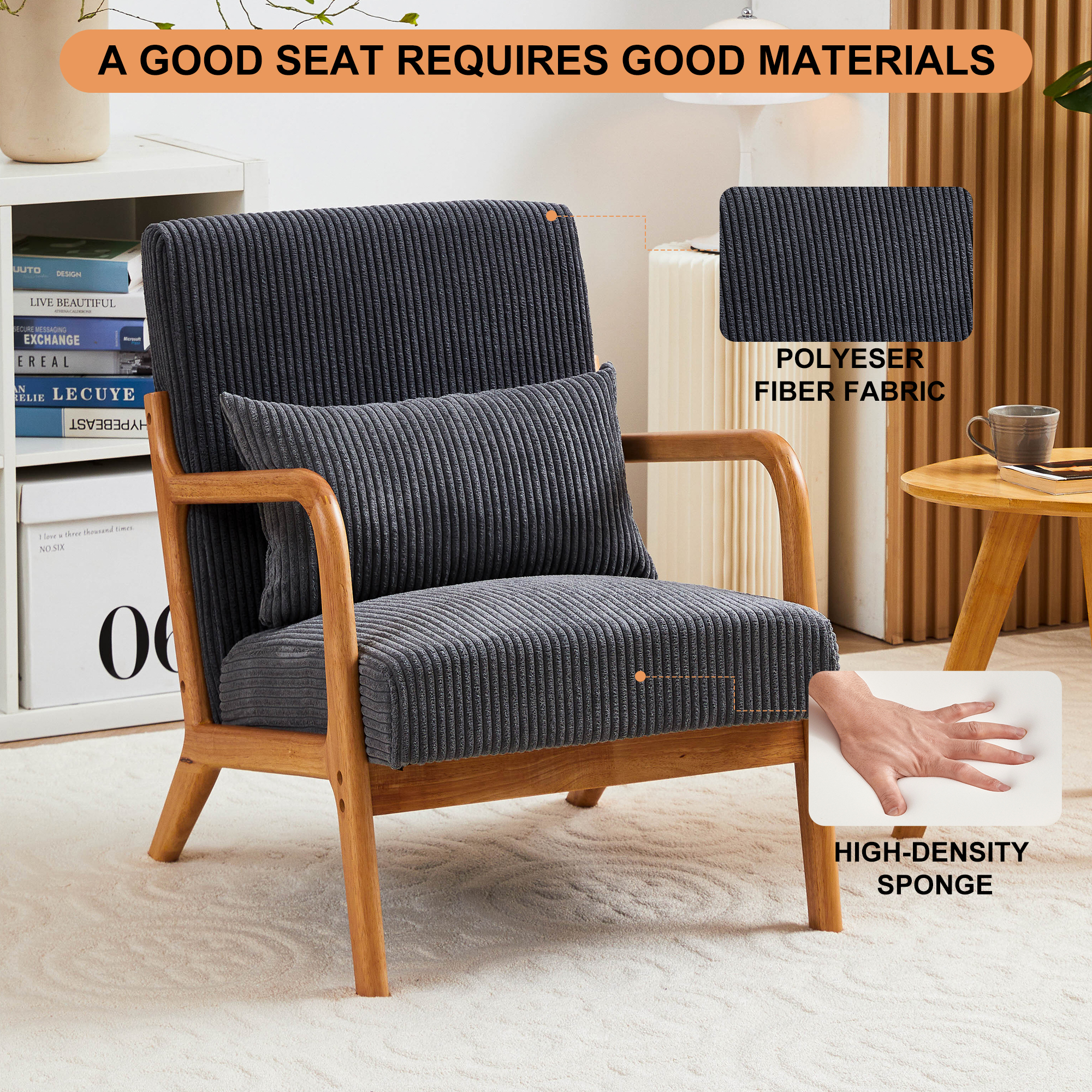 Leumius Modern Arm Chair Upholstered Reading Accent Chair with Pillow & Solid Wood Frame for Living Room Bedroom,Dark Grey 02
