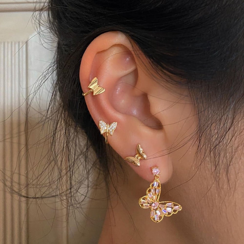 Women Gold Butterfly Ear Stud Earrings Crystal Rhinestone Simple Jewelry Gift
