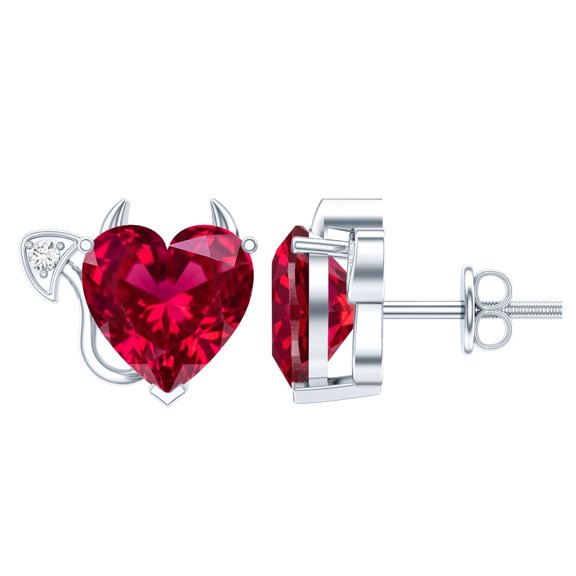 Rosec Jewels Lab Grown Ruby Devil Heart Earrings (8 mm, AAAA Quality) - Certified Ruby Moissanite Earrings - with Jewelry Box, 925 Sterling Silver
