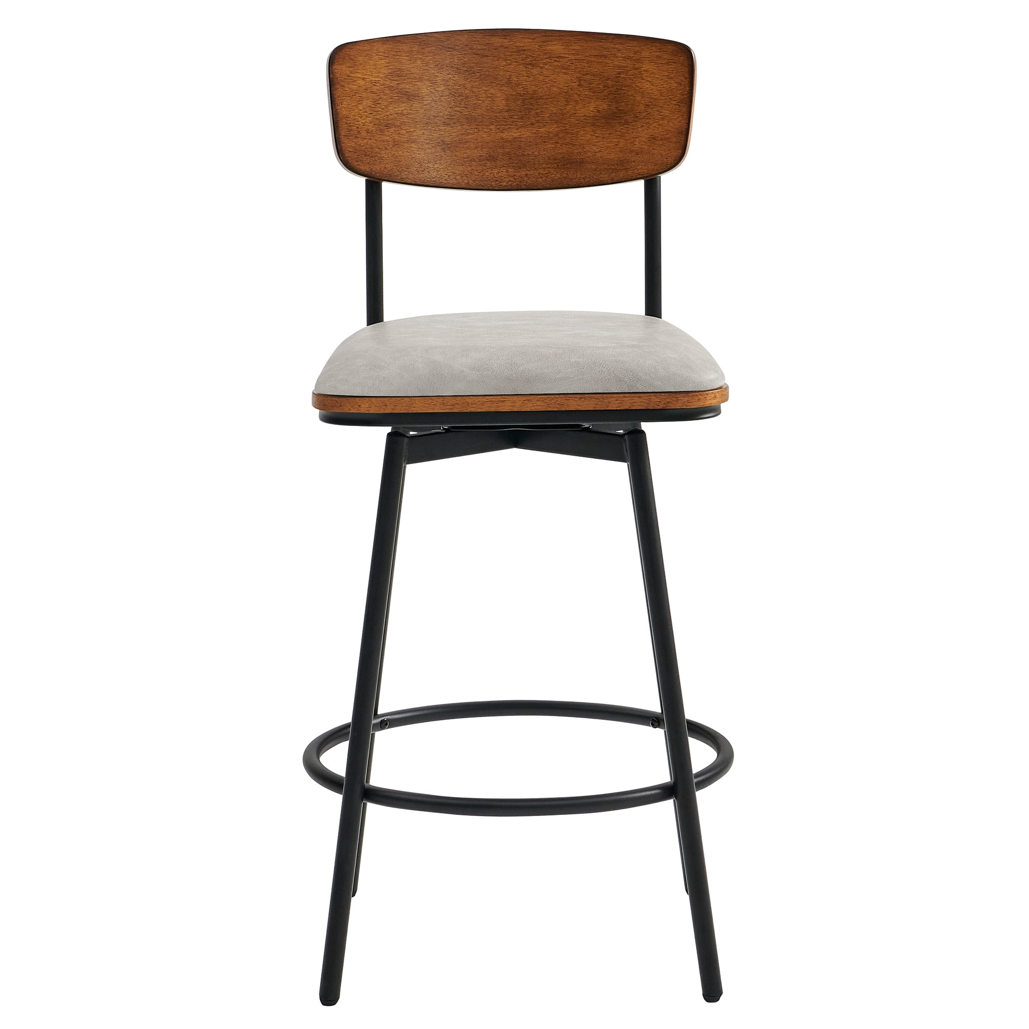 Spruce & Spring Counter Height Swivel Bar Stool with Wood Back and Metal Base Set of 3, Sand Grey, Faux Leather