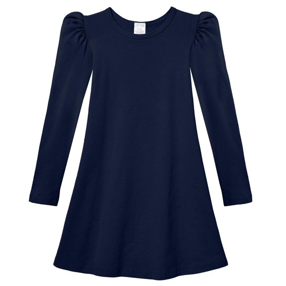Girls Soft Cotton Puff Long Sleeve Dress | Navy