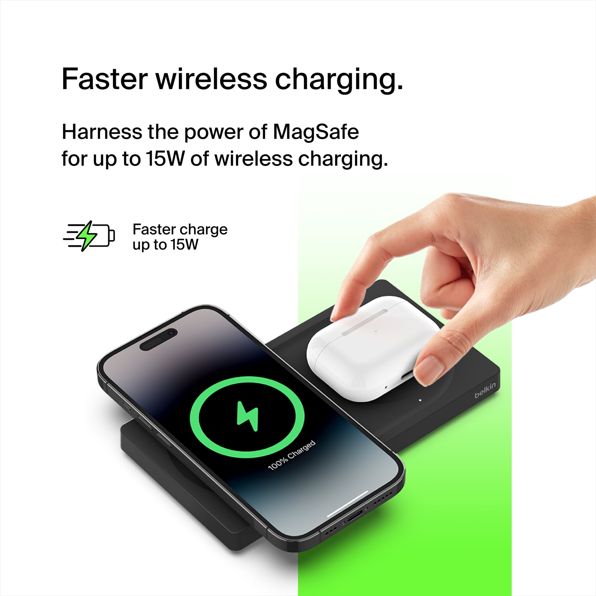 Belkin BoostCharge Pro 2-in-1 Wireless Charging Pad with MagSafe 15W, Fast  Charging iPhone Charger Compatible with iPhone 15, 14, 13, and 12 Series,  AirPods, and Other MagSafe Enabled Devices - White 