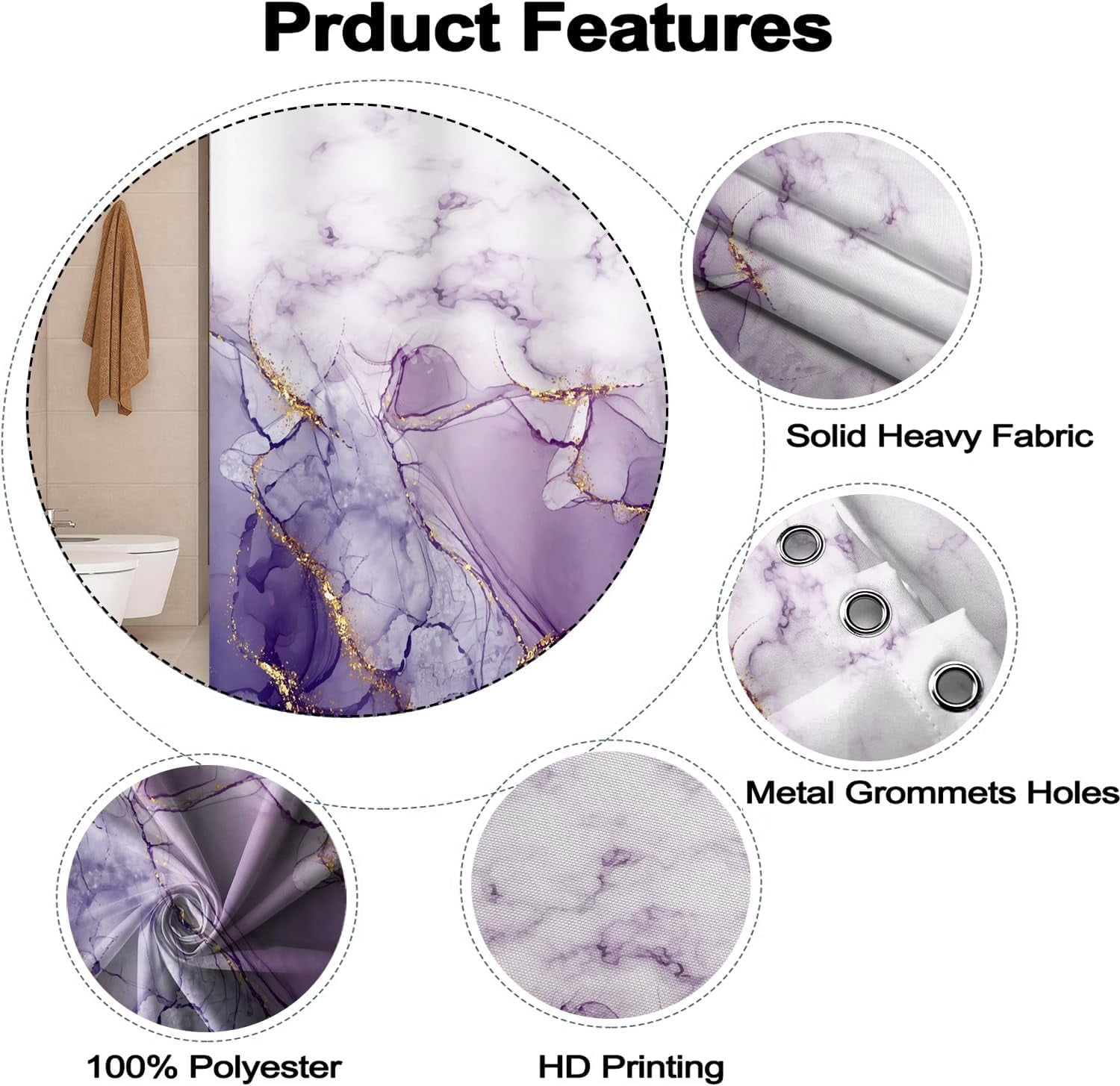 Purple Shower Curtain, Abstract Marble Shower Curtain for Bathroom Waterproof Fabric Shower Curtain Set with Hooks 72x84 inches
