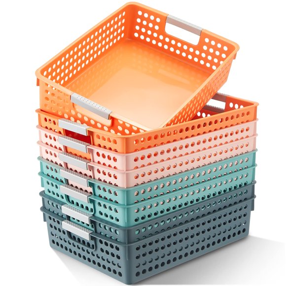 Leinuosen 8 Pack Classroom Paper Trays 14''x10'' Hold A4 Paper Toy Handicrafts Colorful Turn in Trays Classroom Storage Baskets Also for Library, Off