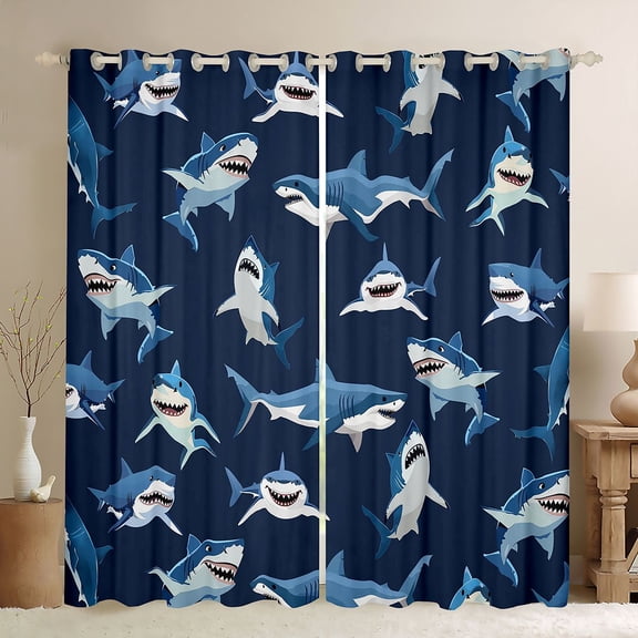 Manfei Cartoon Shark Black Out Curtains for Kids Boys and Girls, Funny Fish Curtains Pack of 2 (42x63 Each)