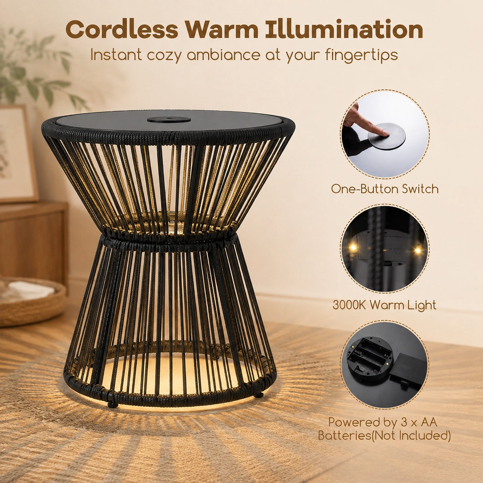 Biotree Outdoor Side Table with LED Warm Light, PE Rattan End Table with Tempered Glass Top and Battery Lamp for Patio Porch Balcony, Black
