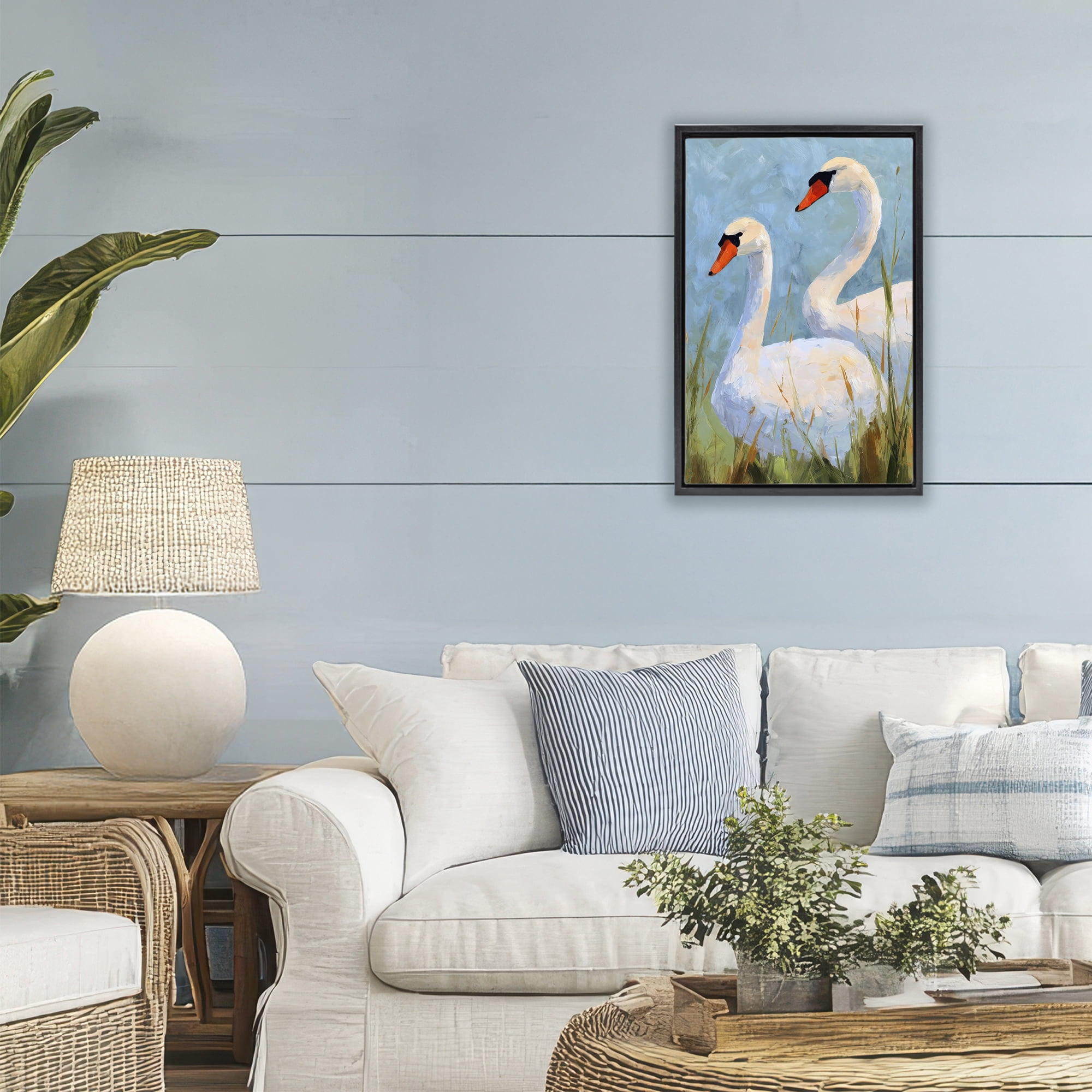 Stupell Industries Long Necks Swan Pear Black Framed Floater Canvas Wall Art, design by Petal Prints Design