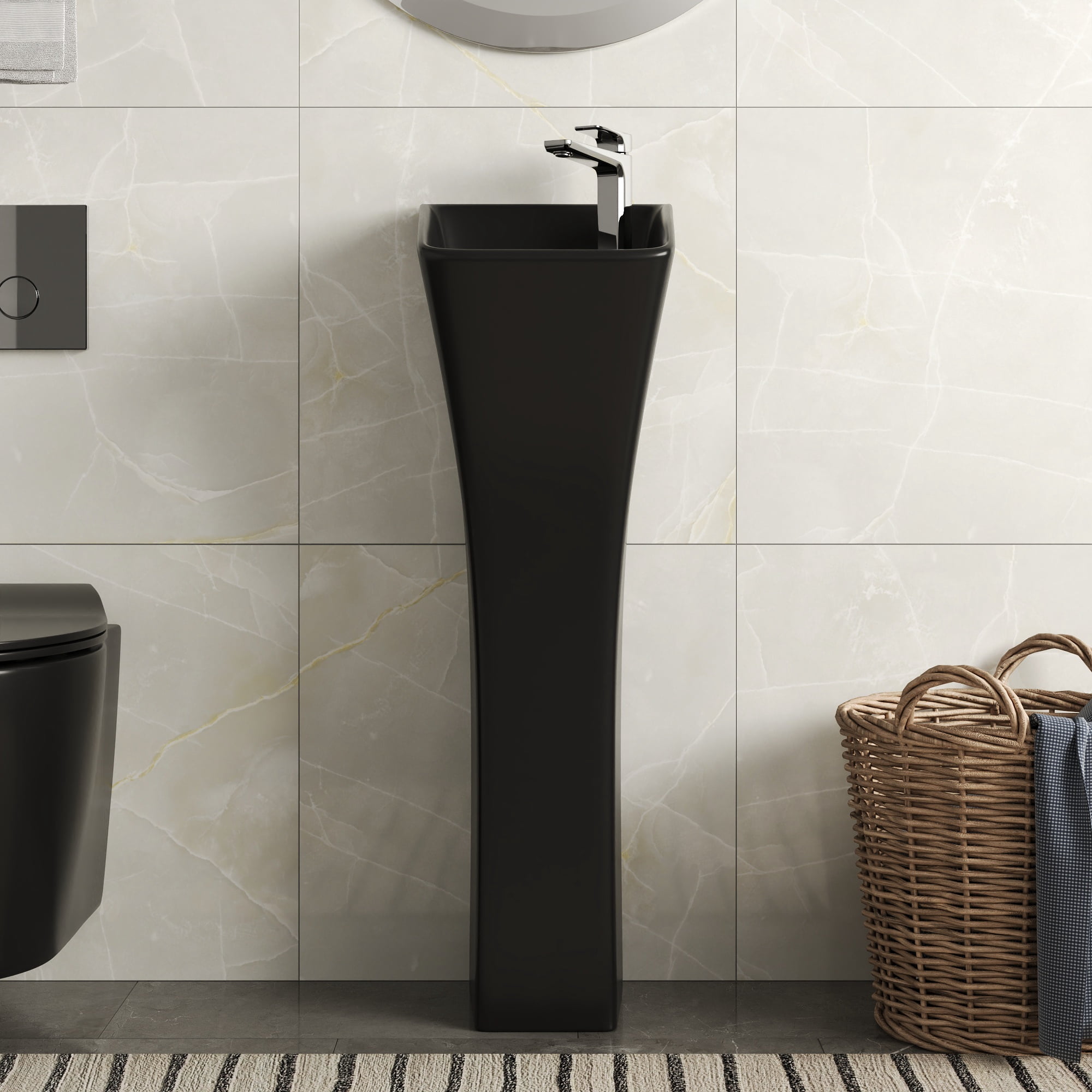 35 in. Tall Ceramic Rectangular Pedestal Bathroom Sink in Black with Single Faucet Hole and Overflow  DV-1P529B