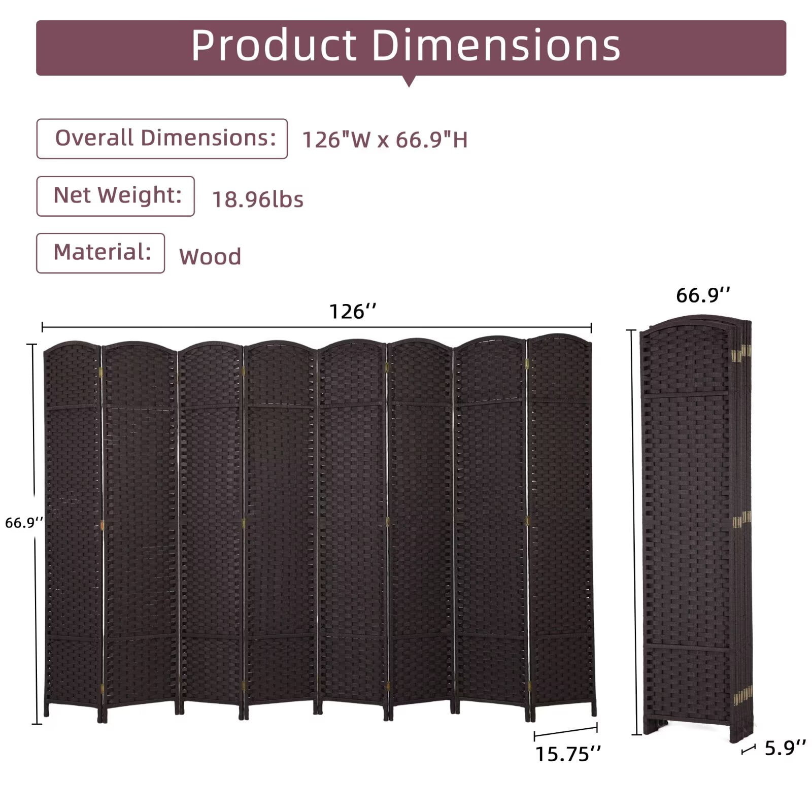 YRLLENSDAN 8 Panels Folding Portable Room Dividers, Free Standing Indoor and Outdoor Privacy Screens for Patio, 66.9 Inches Tall Chinese Wall Divider for Room Separation, Brown