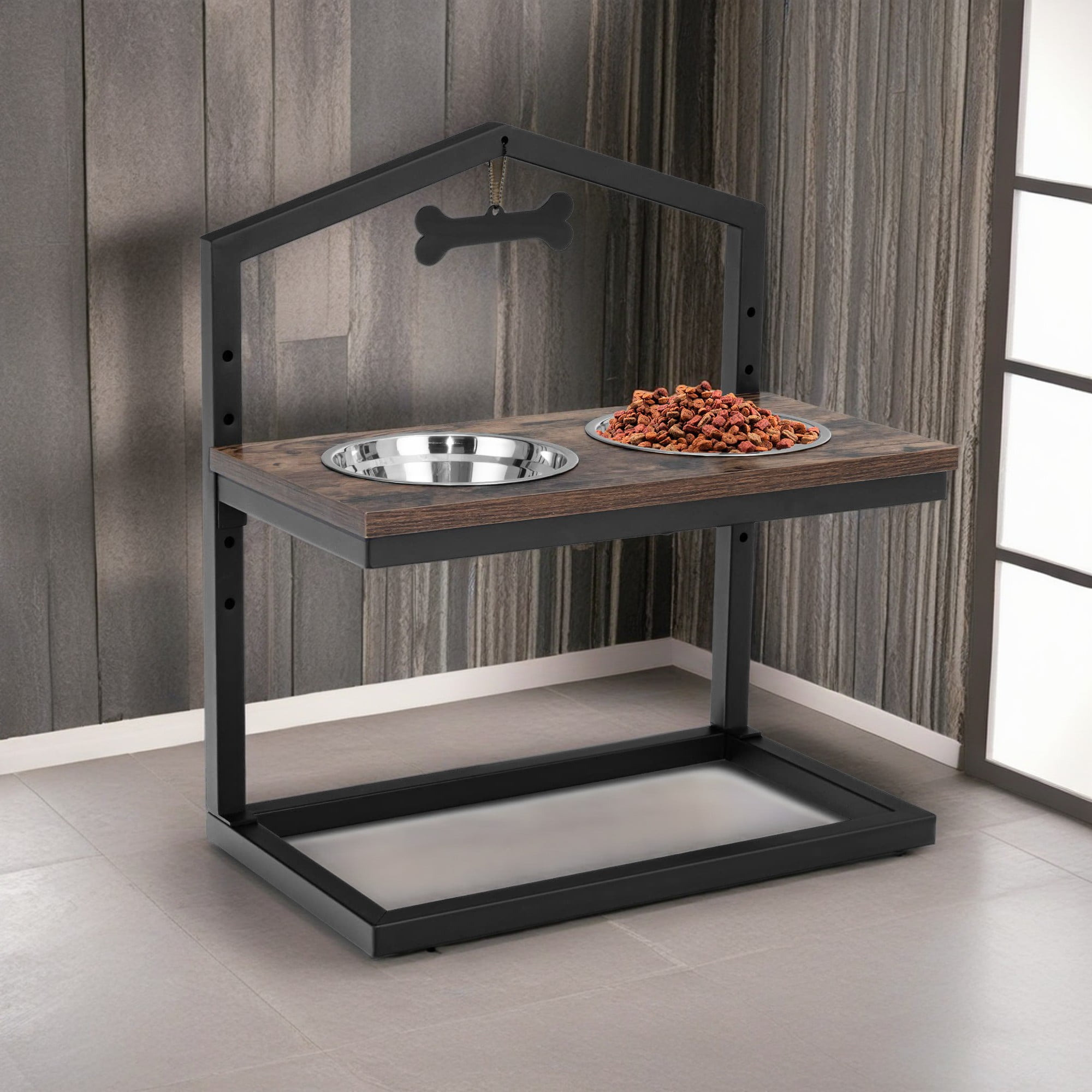 Kadyn 9"-17" Elevated Pet Feeder with 2 Stainless Steel Dog Bowl, Pet Food Bowls for Feeding Small Medium Dogs Cats Puppies, Brown