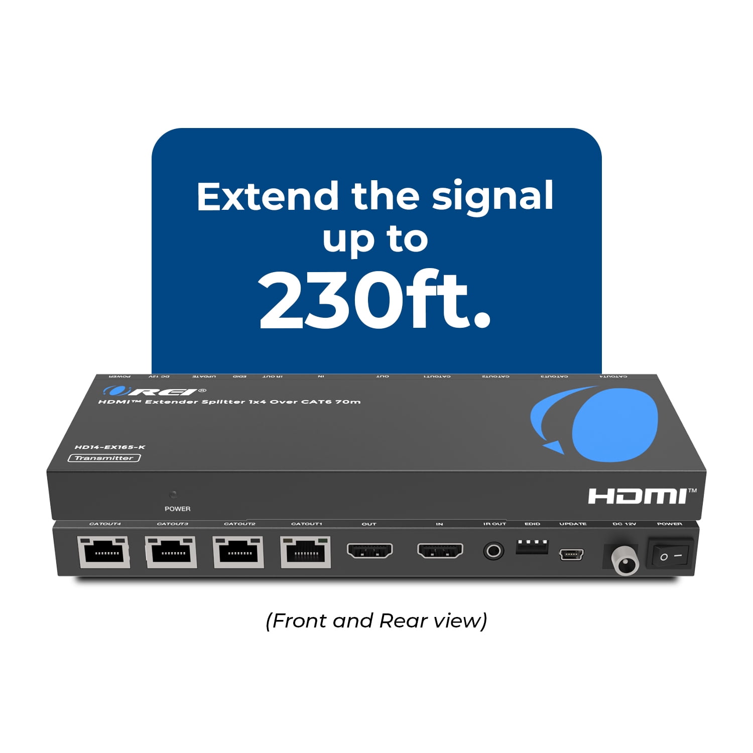 OREI 1x4 HDMI Extender Splitter Multiple Over Single Cable CAT6/7 1080P with IR Remote EDID Management - up to 165 ft