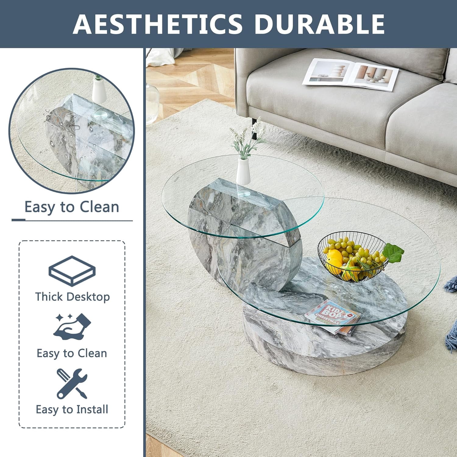 StnTalk 42" Round Coffee Table, 3-Tier Glass Coffee Table with Faux Marble MDF Base, Modern Storage Center Table for Living Room, Small Space, Apartment