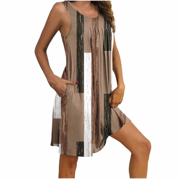 Camisón sin mangas con bolsillos y estampado para mujer, camisón plisado con cuello redondo, vestido de poliéster para mujer