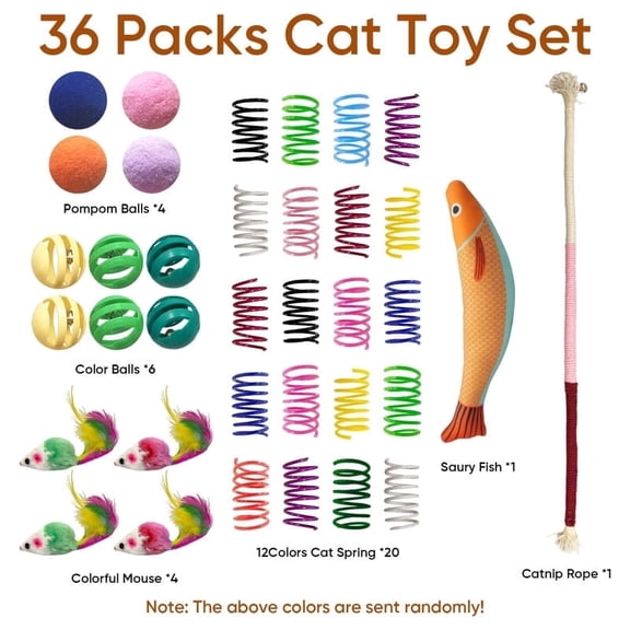 36 Pcs Interactive Cat Toys Set for Indoor Cats Kitten Toys Variety Pack Includes Plush Fish, Chew Ropes,12Colors Cat Springs, Feather Mice and Balls Best Gift for Adult Cats