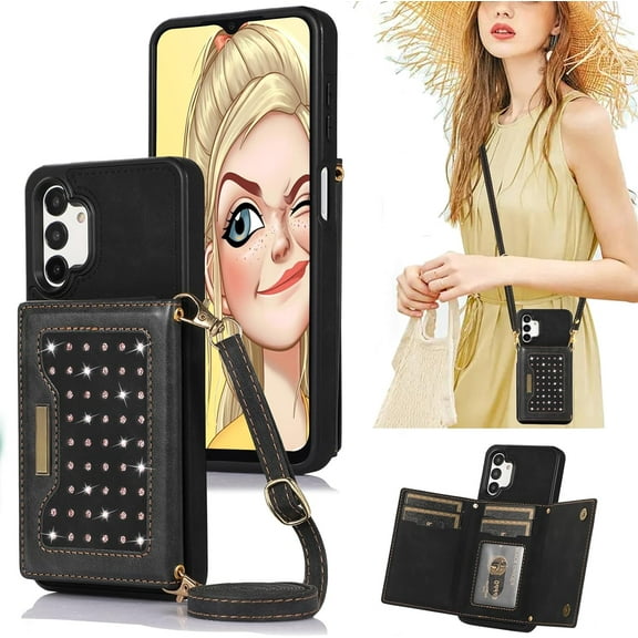 for Samsung Galaxy A13 Crossbody Wallet Case for Women, Bling Glitter PU Leather Phone Case with RFID Blocking Card Holder Cover for Samsung Galaxy A04S /A13 SZ Black