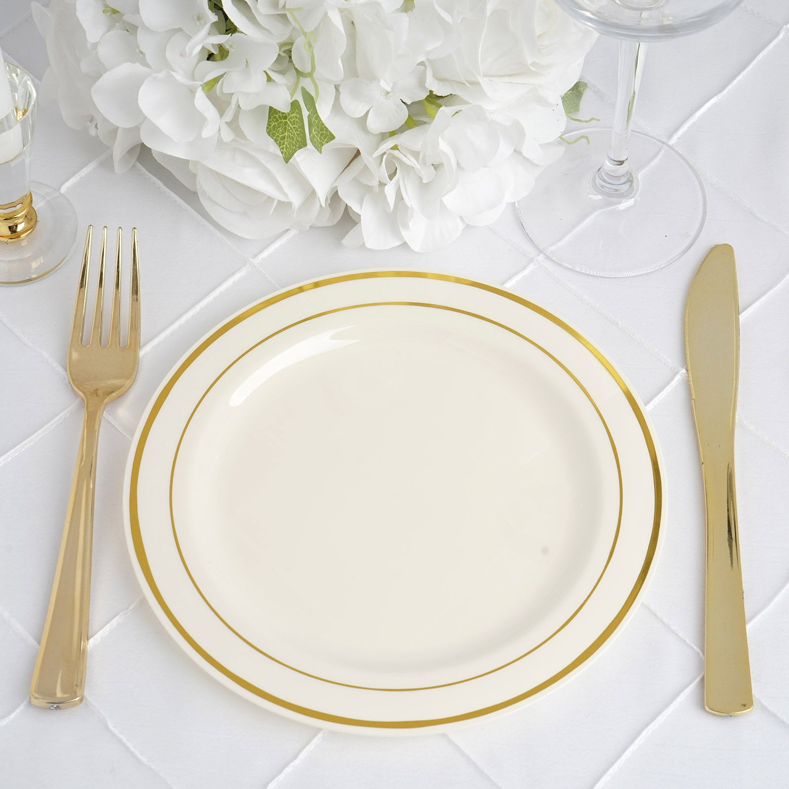 10/pk  Ivory w/ Gold 6" Round Disposable Plastic Plate wedding/catering 