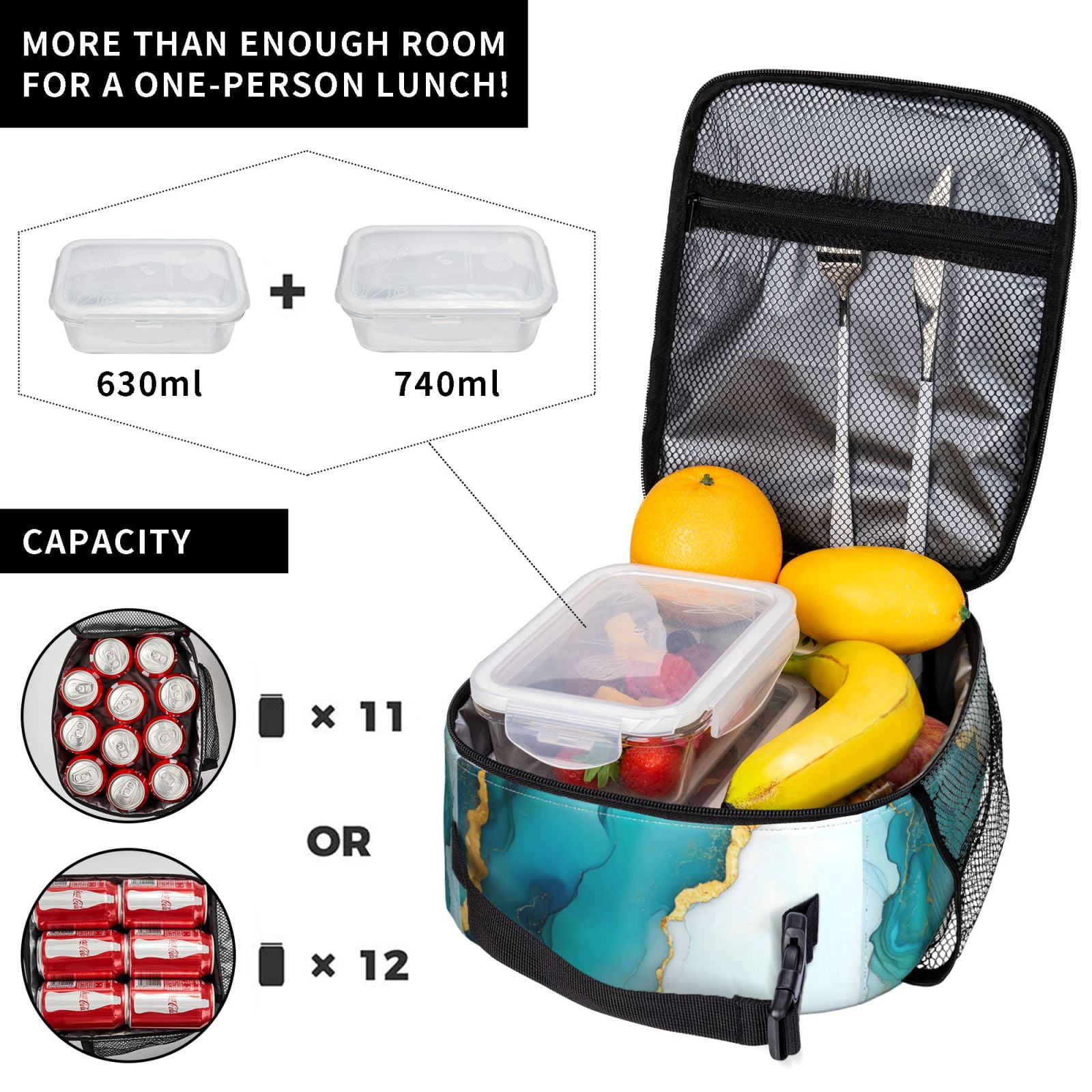 Lunch Bag For Women Men Insulated Portable Lunch Box Bento Box Office Picnic Travel Cooler Bag Skyblue And White Gold Marble