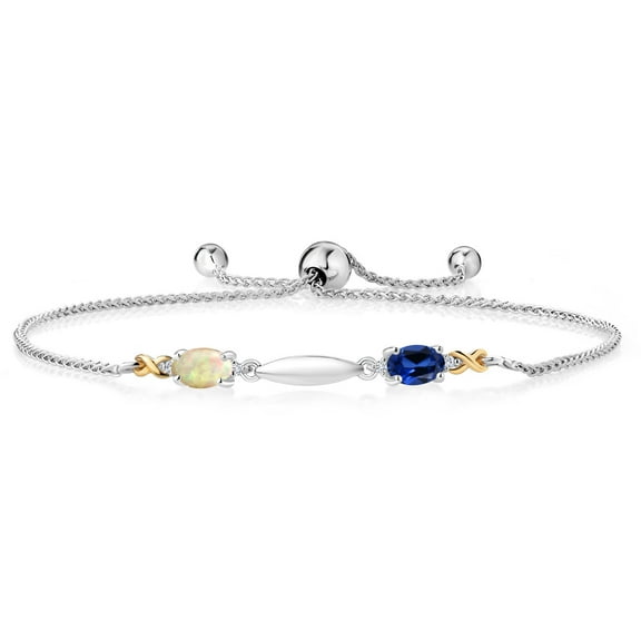 Gem Stone King 0.96 Ct Oval Cabochon White Ethiopian Opal Blue Created Sapphire 925 Silver and 10K Yellow Gold Lab Grown Diamond Bracelet for Women