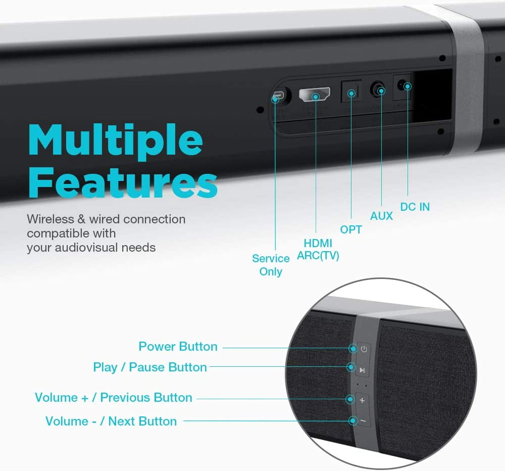 integrato ea parete Tre modalità di posizionamento e Wired Home Theater Speaker Surround con 39.4 pollici/Ottico/RCA/Telecomando Bluetooth Wireless TV Bar audio con split