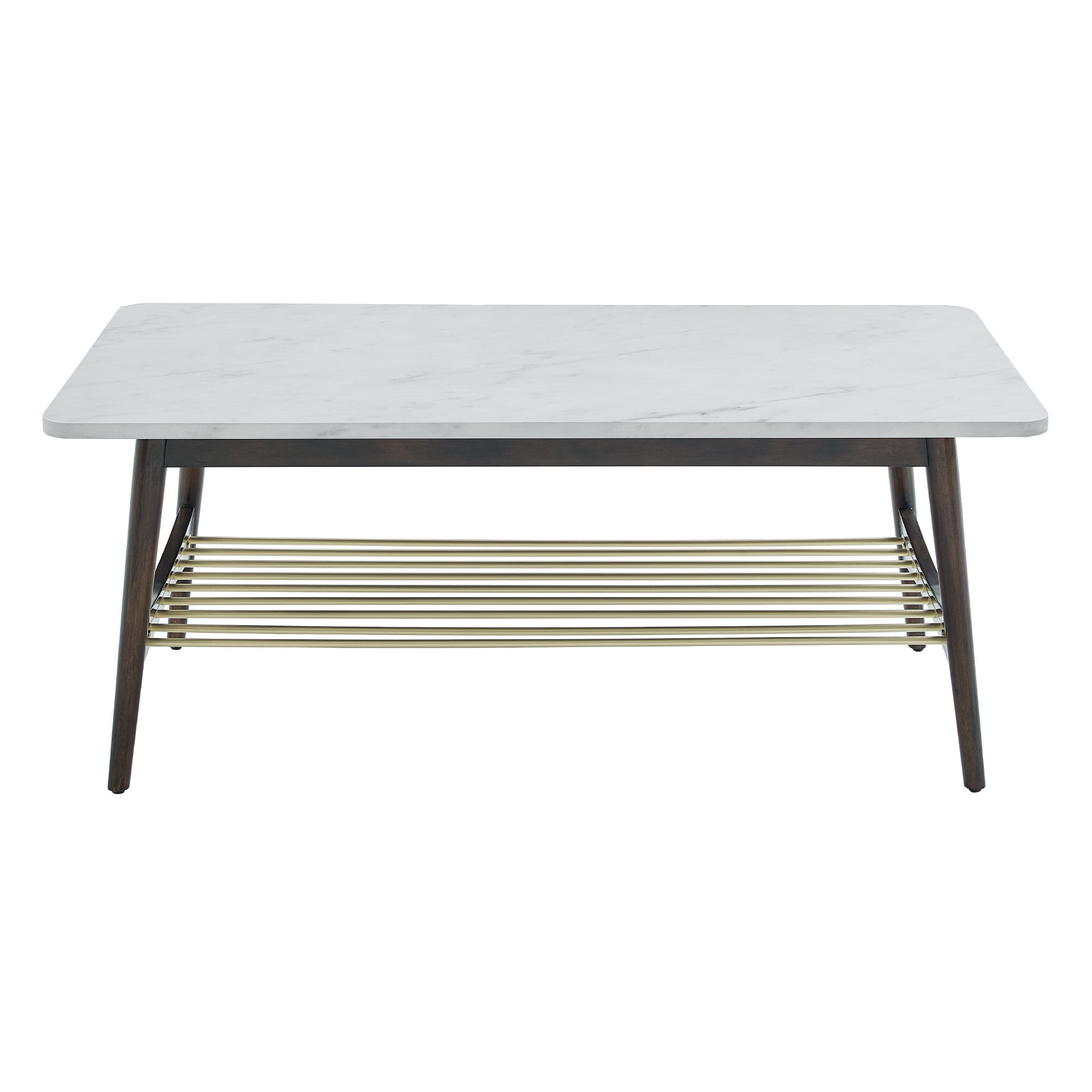 Manor Park Mid Century Coffee Table, Faux White Marble/Dark Brown Oak