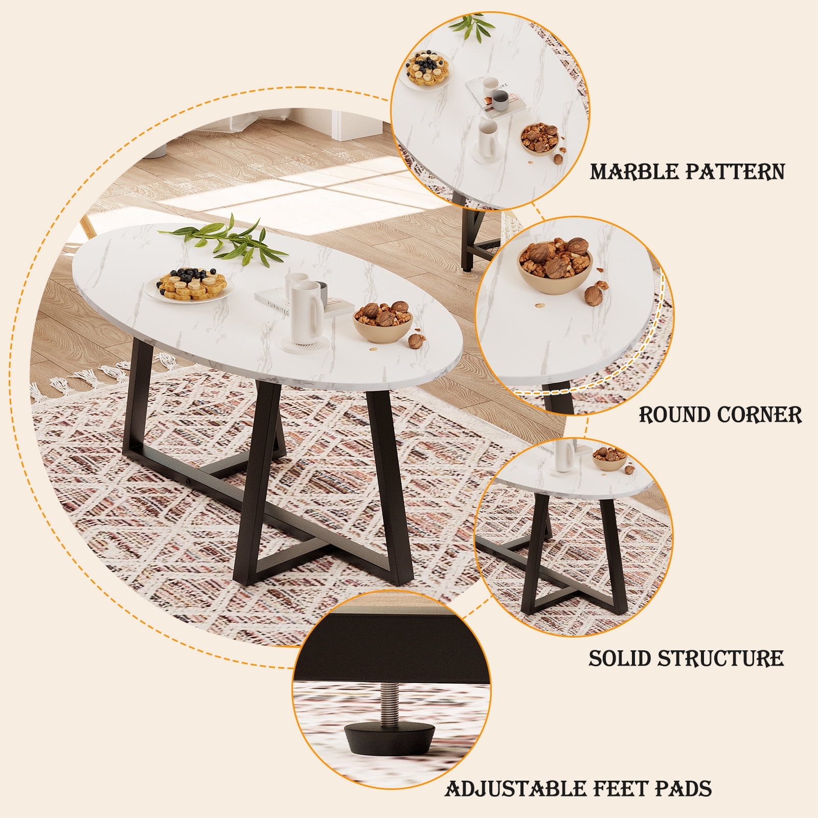 Wolawu Black Faux Marble Rectangular Tea Table, High-Density MDF Top, Solid Metal Sled Frame, Modern Industrial Design