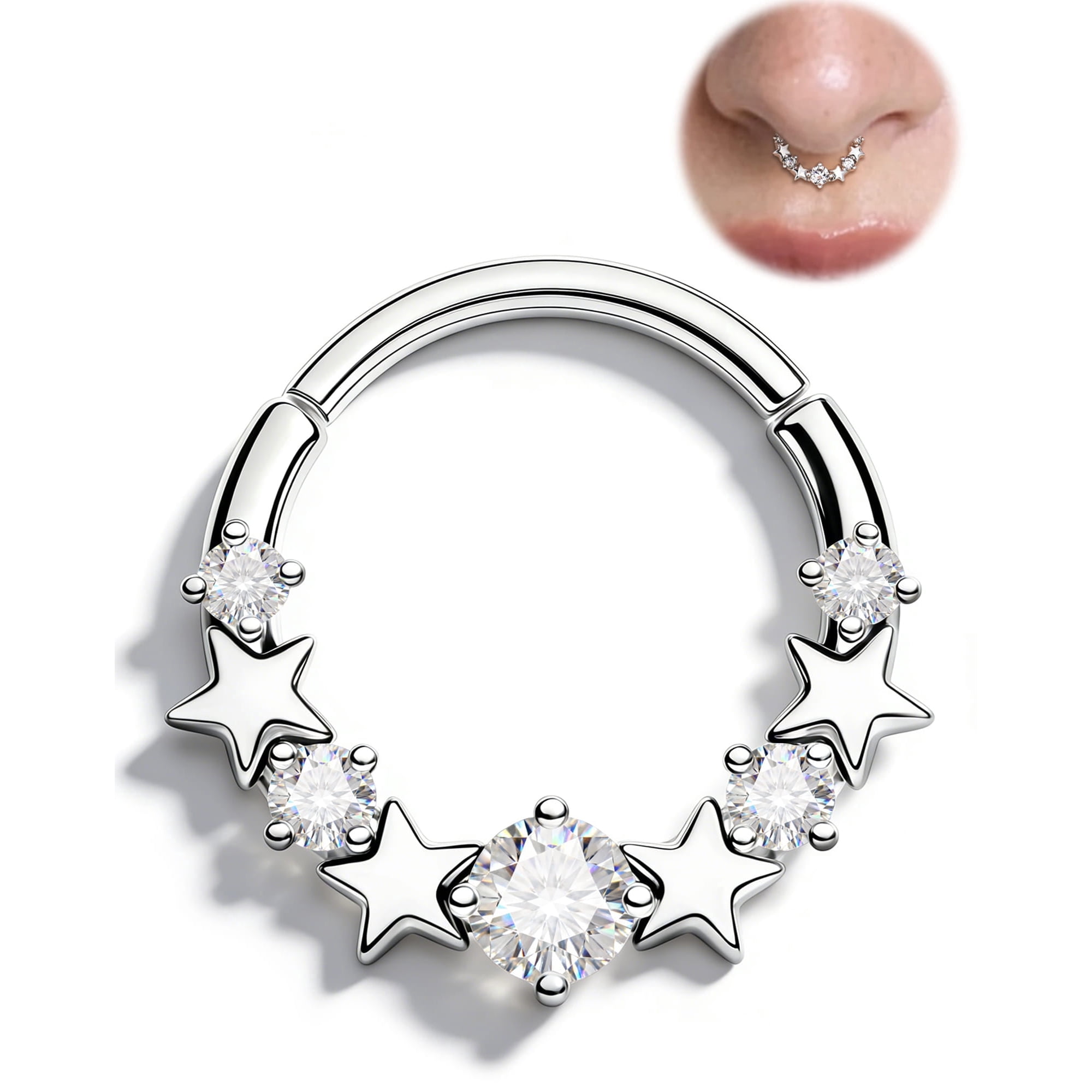 OUFER 316L Surgical Steel Nose Rings Cubic Zircon Star Septum Jewelry Hinged Segment Clicker Daith Tragus Earrings Helix Piercing Jewelry for Women 8MM