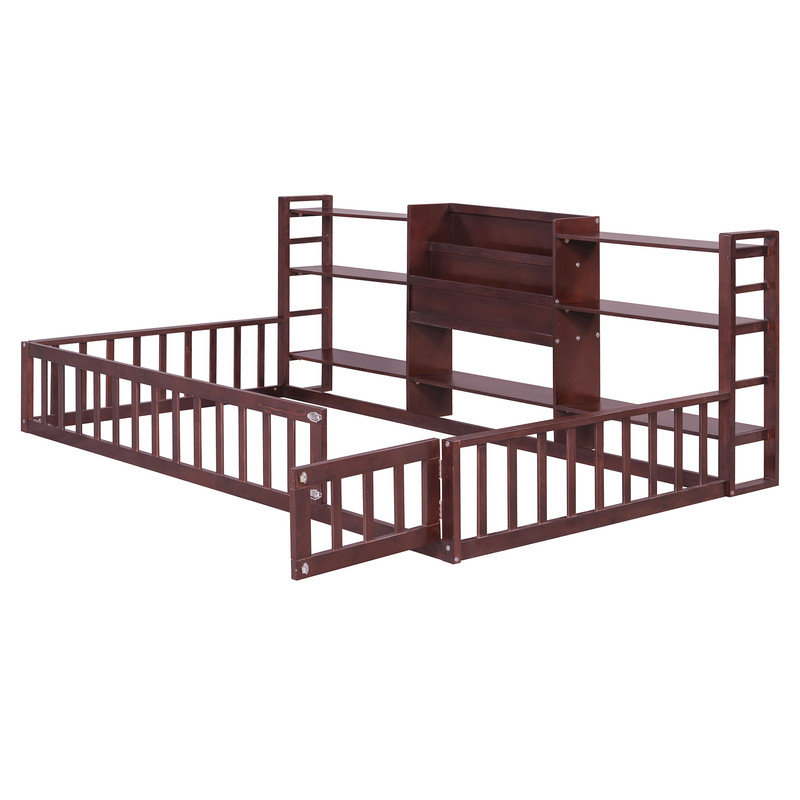 Twin Size Floor Bed with Integrated Bookcase and 3-Tier Storage Shelves, Low Profile Wood Toddler Bed Montessori Bed with Safety Guardrails for Boys Girls