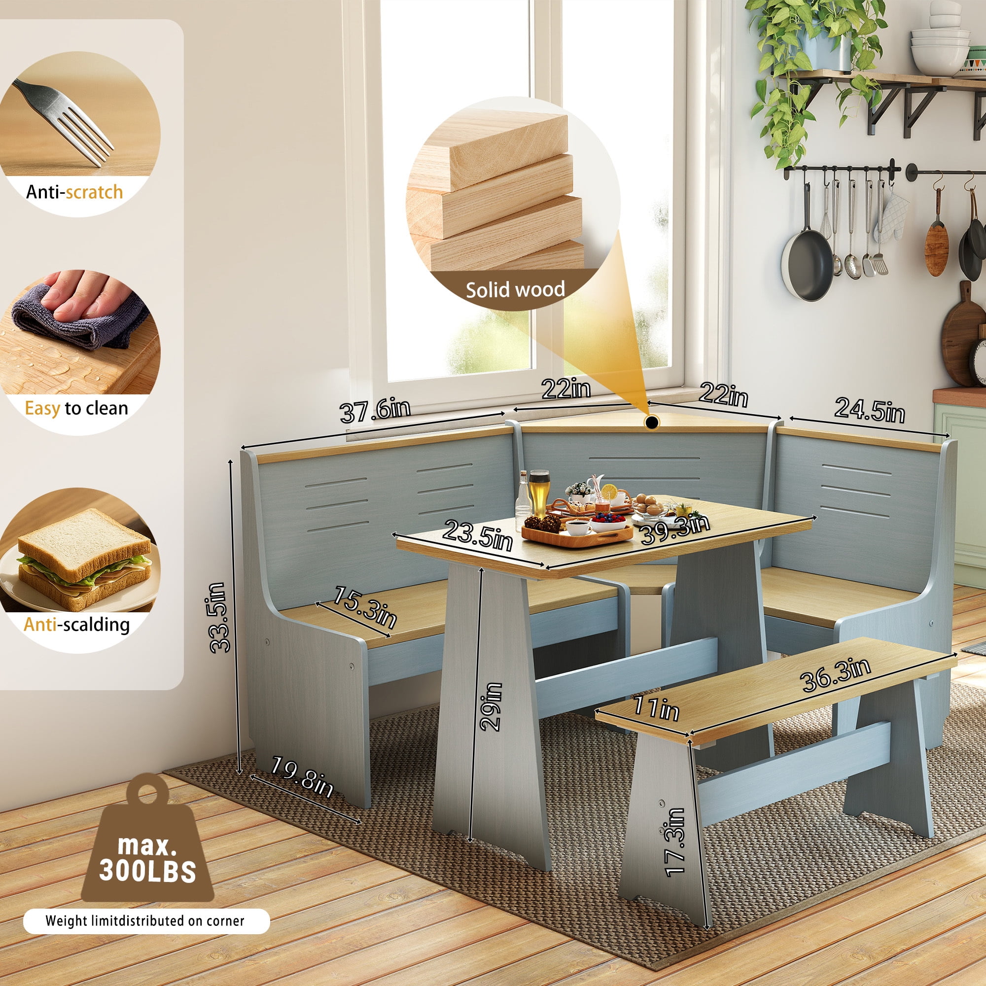 Koby Home Breakfast Nook Table Set, Corner Dining Table with L-Shape Bench Chairs, Farmhouse Kitchen Dining Nook Grey Wood
