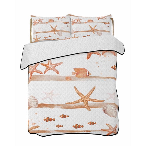 Twin Quilt Bedding Set, Orange Coastal Starfish Reversible Summer Quilt 3 Pieces, Summer Conch Sea Fish Stripes Lightweight Bedspreads Coverlets with 2 Pillow Shams for All Seasons