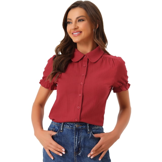Blusa de algodón Allegra K con volantes y cuello vuelto para mujer Borgoña S