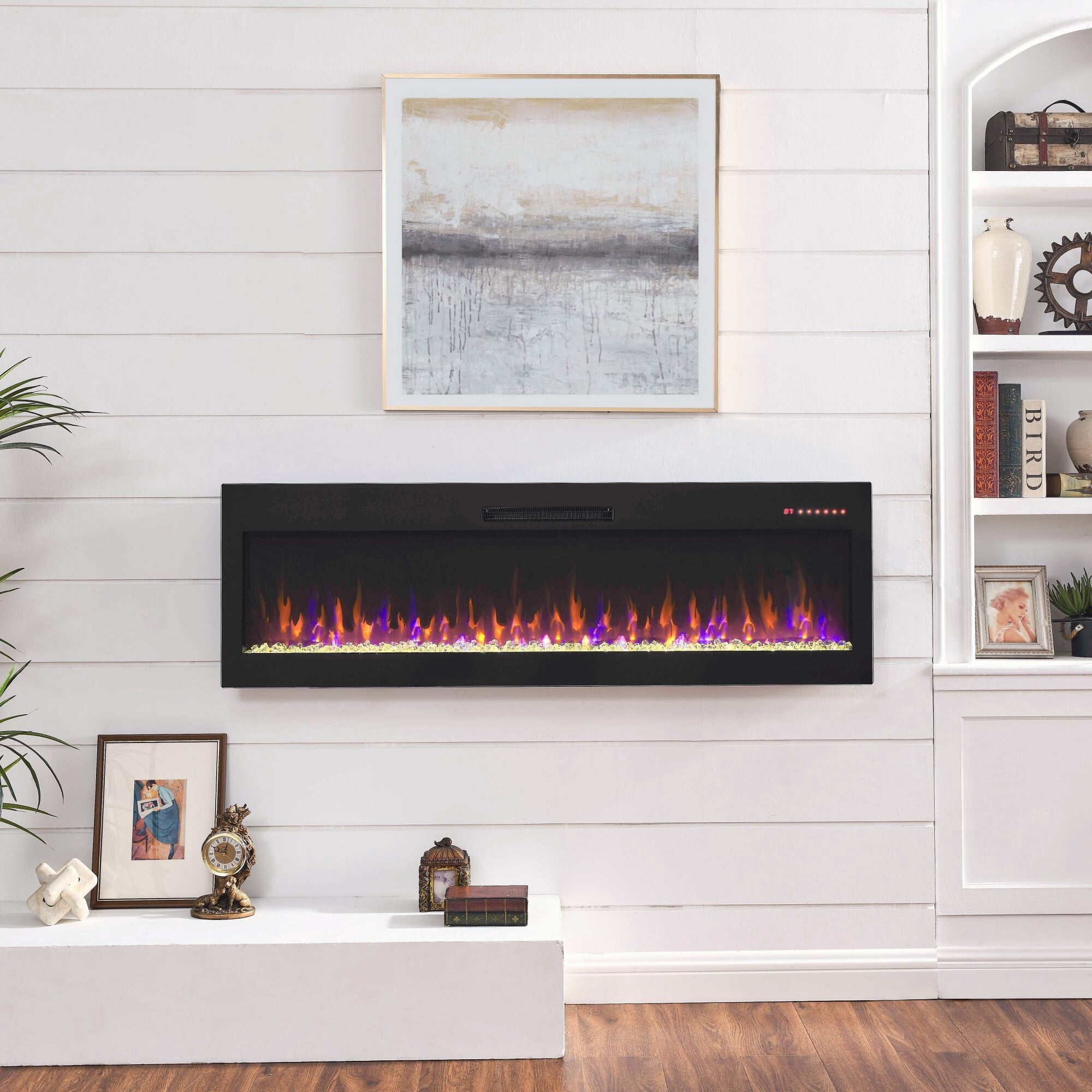 AENKYO 60'' Electric Fireplace with 3D Flame, 16 Color Options, Touch & Remote Control, Wall Mount or Recessed, Black