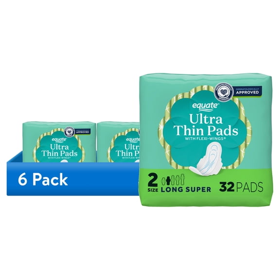 (6 pack) Equate Ultra Thin Pads with Flexi-Wings, Long Super Absorbency, Size 2, 32 Count