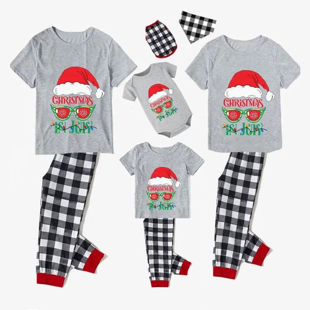 Conjuntos de pijamas familiares navideños a juego, gafas de sol, Papá Noel, gris, Navidad en julio