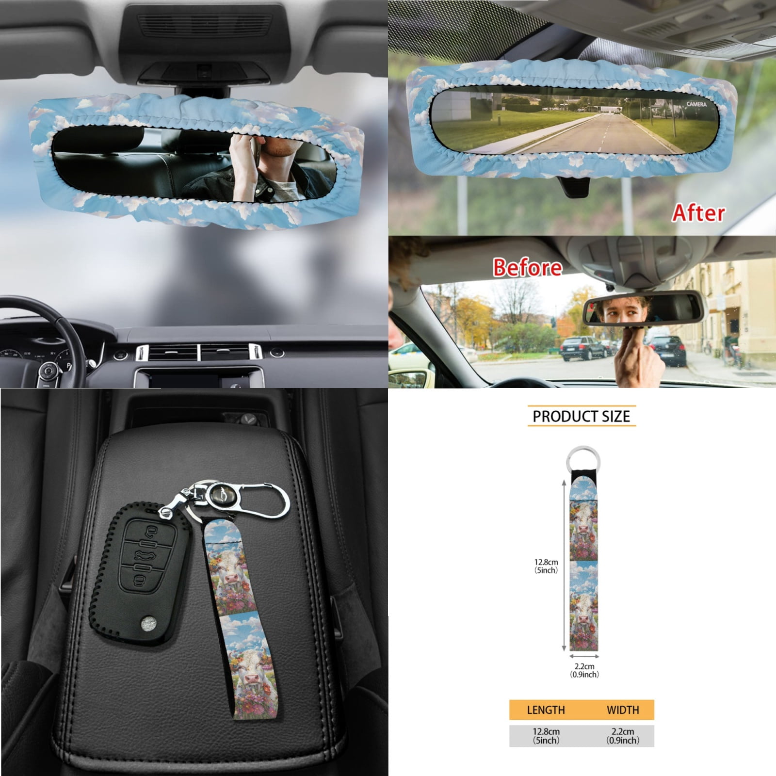 Garronmavis Aesthetic Flower Cow Universal Fit Car Seat Cover Full Set 15 Pieces Wristlet Strap 4 Pcs Seat Belt Car Trash Bag Car Pouch Organizer Interior Rearview Mirrors Protective Cover Cup Mats