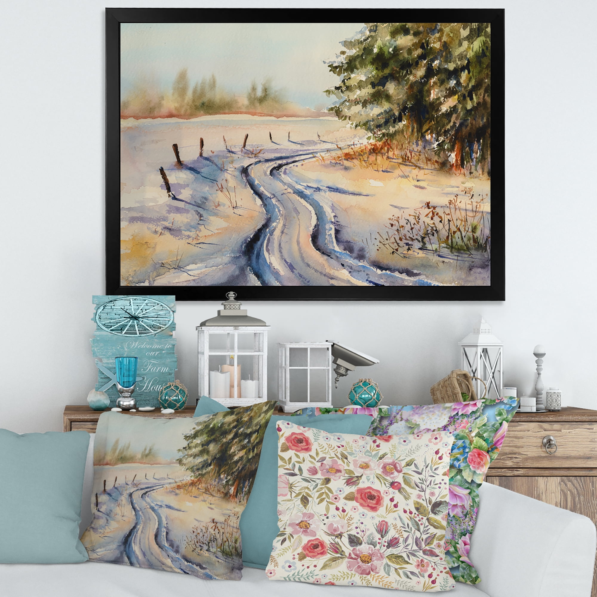 Designart 'Snowy Winter Forest Landscape Rural Road In Snow' Traditional Framed Art Print