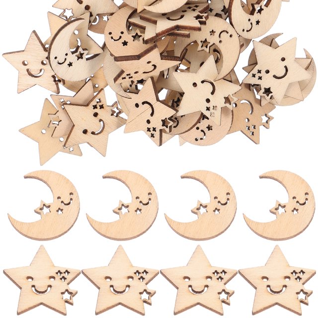 50 Pcs Matériaux Faits Main pour Enfants Art en Bois Forme Étoile Lune style Créatif pour Décoration Artisanale (26mm, Forme Mixte)