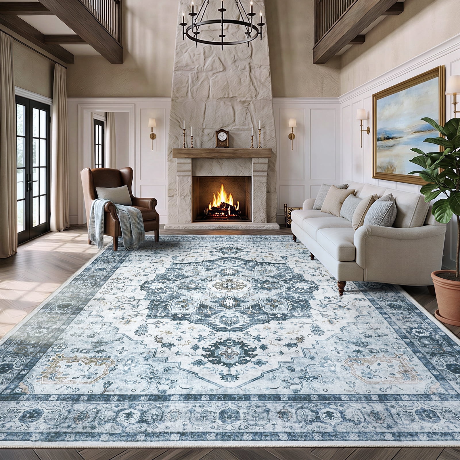 CHITOOMA 8'x10' Machine-washable Area Rugs for Living Room, Boho Area Rugs with Non-Slip Backing, Stain Resistant Non-Shed Carpet for Bedroom, Dining Room, Dorm, Office