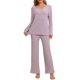 thumbnail image 1 of INSPIRAR CHIC Conjunto de Pijamas de Mujer de Punto Acanalado con Cuello en V y Manga Larga con Pantalones Ropa de Dormir Casual Pijamas M Rosa, 1 of 6