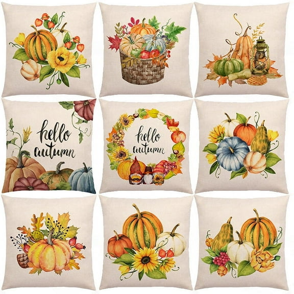 Fall Pillow Covers 18x18 Pumpkin Truck Bicycle Maple Leaf Thanksgiving Throw Pillow Covers with Cotton Linen Autumn Cushion Case Fall Decor for Home Couch Sofa Modern Farmhouse