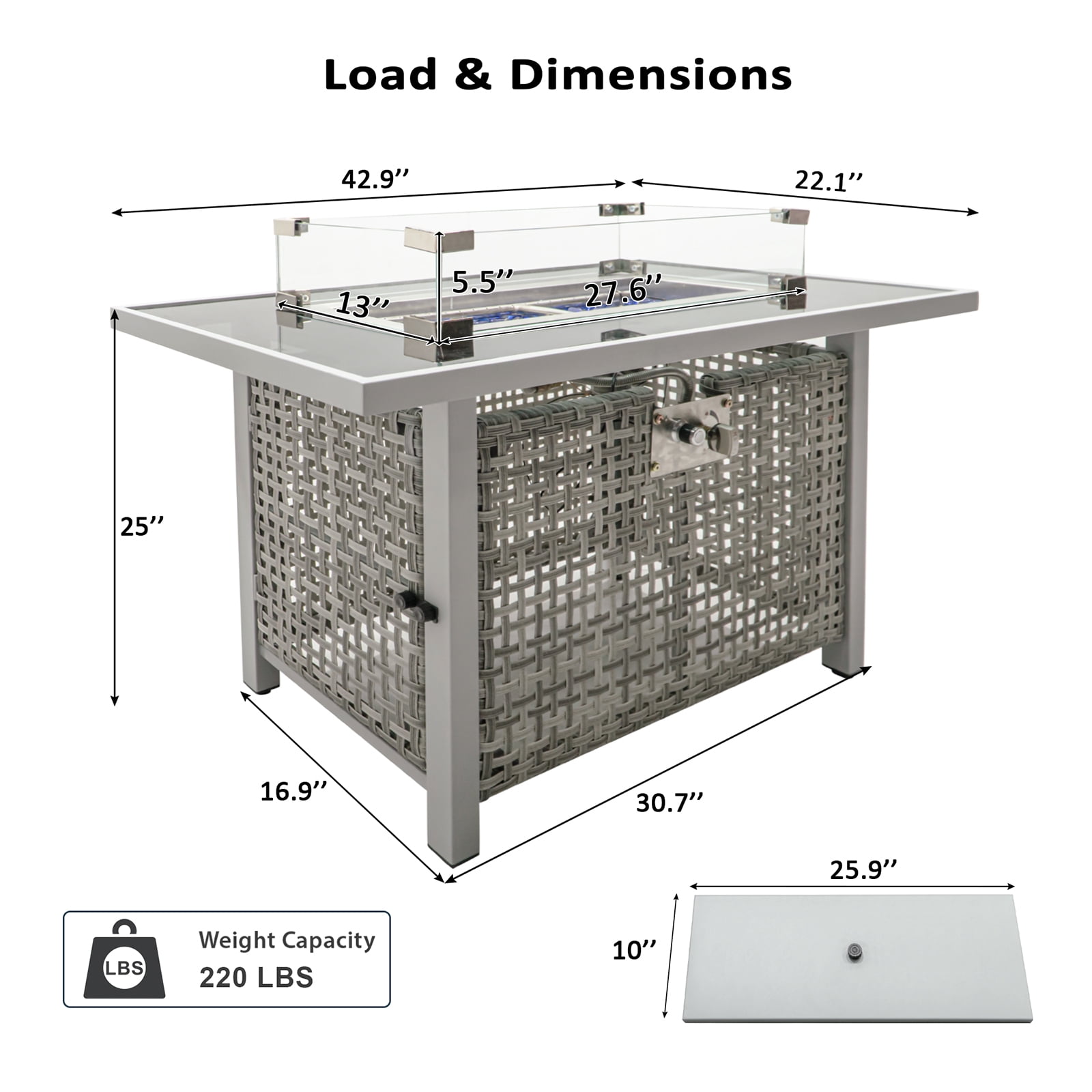 43" Propane Fire Pit Table for Outside Patio, 60,000 BTU Outdoor Fire Table with Glass Wind Guard & Steel Frame - Grey
