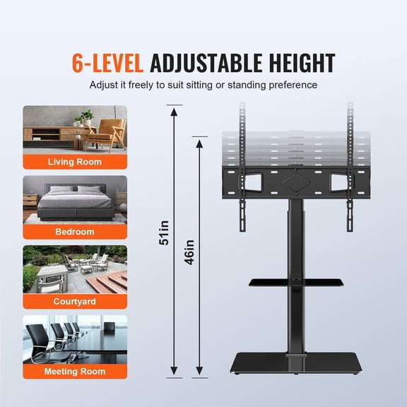 Adjustable Height TV Stand with Swivel, Tempered Glass Base Floor Stand for 32 to 65 Inch TVs
