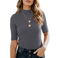 thumbnail image 4 of Women’s Ribbed Knit Mock Neck Short Sleeve Top Fitted Pullover Stretch Slim Casual Basic Blouse Tee Shirt Gray XL, 4 of 6