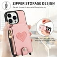 thumbnail image 4 of Compatible with iPhone 13 Pro Case Wallet, with Credit Card Holder Zipper Pocket Crossbody Strap Heart Pattern PU Leather Magnetic Clasp Kickstand Heavy Duty Protective Flip Cover, Pink, 4 of 12