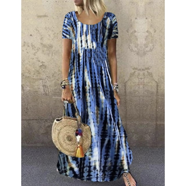 Robe d'Été pour Femme Robe de Plage Robe Ample Robe Maxi Robe Bohème Teinture sur Nœuds à Manches Courtes Robe à Col Ras du Cou