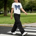 thumbnail image 6 of CYRBOKO Girls Outfit Sets, Two-piece Casual Elastic Waist Short Sleeve T-Shirts with Wide-leg Pants Black Size 14-15 T, 6 of 7