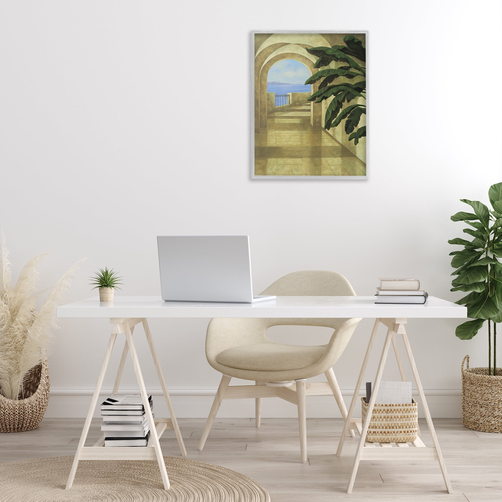 Stupell Industries Coastal Villa Palm Town & City Painting Gray Framed Art Print Wall Art, 24 x 30
