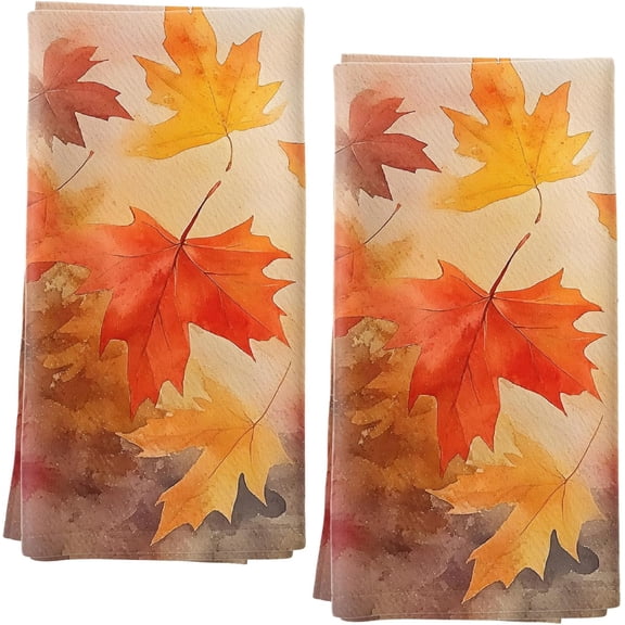 Fall Kitchen Towels, Autumn Orange Maple Leaf, Set of 2, 18x26 Inch | Absorbent Dish Towels, Thanksgiving Farmhouse Hand Towels Decorations