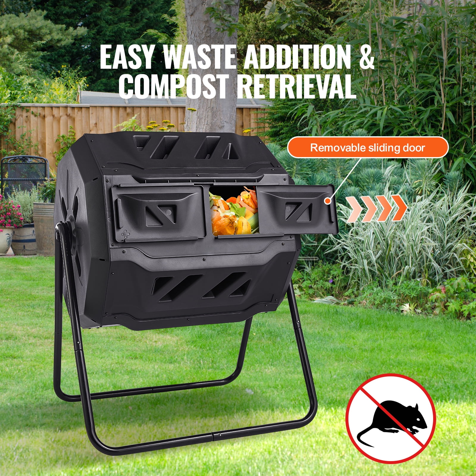 KFFKFF Composting Container, 43-Gallon Double Chamber Rotating Compost Tumbler, Spacious Tumbler Composter with Dual Access Doors and Metal Structure, BPA-Free Compost Bin for Garden, Exterior
