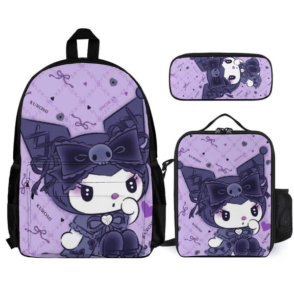 Kuromi Fun cartoon three-piece backpack set: includes backpack lunch box and pencil case One size